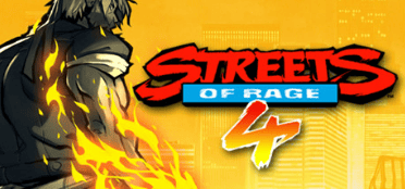 Streets of Rage 4 arcade game logo with fiery character in background.