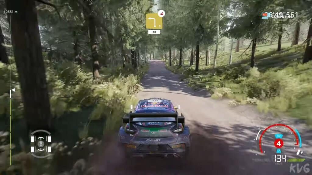 In-game off-road racing scene from Dirt 5 with a rally car on a forest trail.