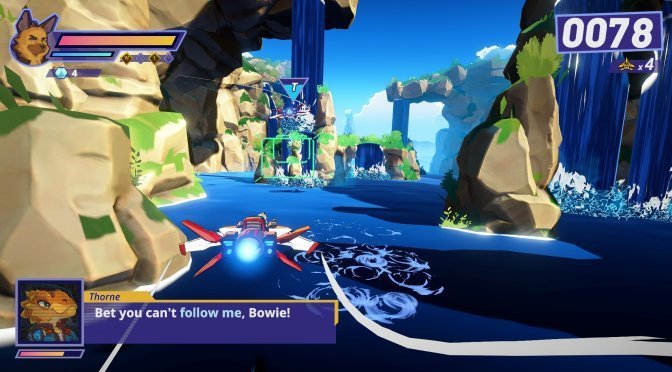 Futuristic spaceship racing through a vibrant canyon landscape.
