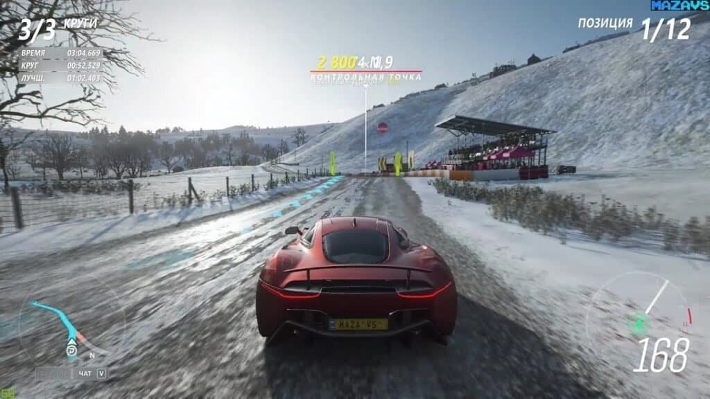 Red sports car racing game in snowy landscape at Arcade Time Machine.
