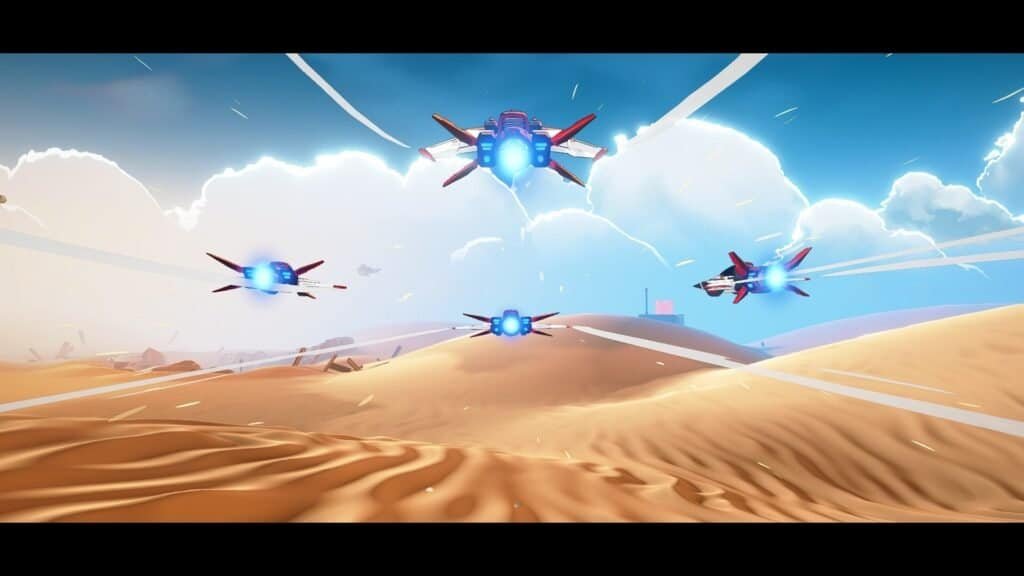 Futuristic aircraft with blue lights flying over desert landscape.