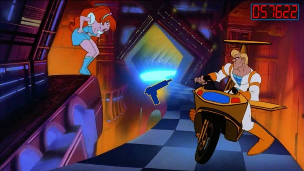 Animated scene from Space Ace with a girl and a man on a motorcycle.